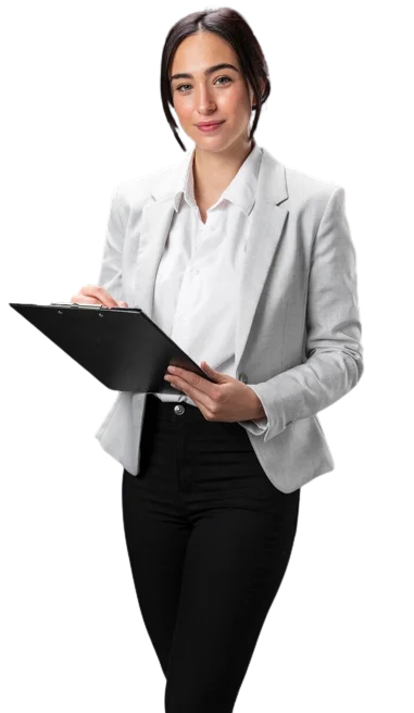 female lawyer in formal suit with clipboard
