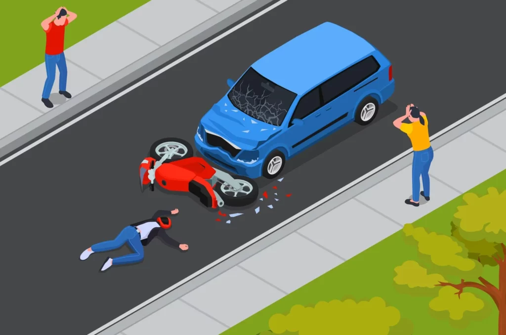 composition with crash between car and motorcycle injured motorcyclist on road